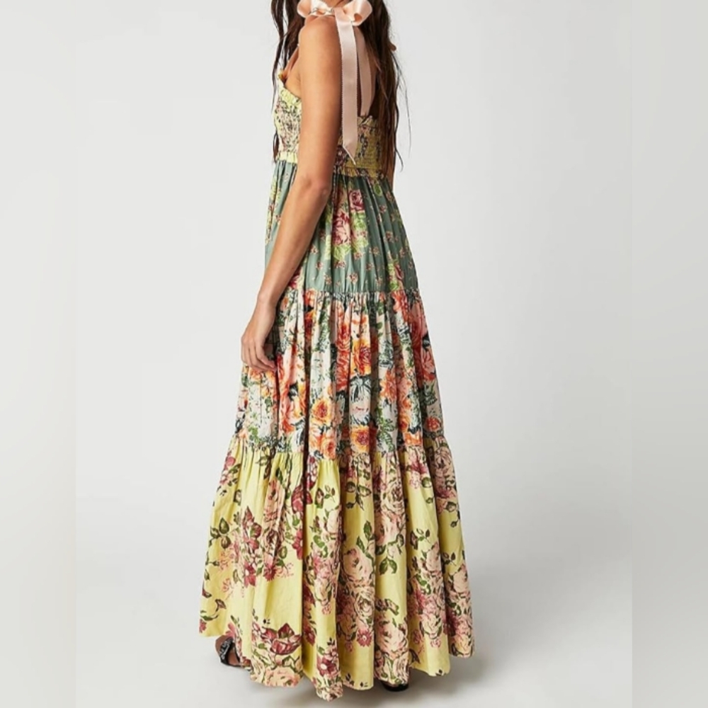 Yellow Green Floral Dress Shoulder Tie Tiered Maxi Pastel Ties Bohemian Sundress